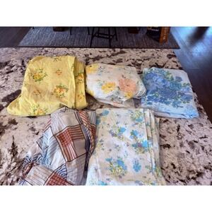 VTG 70s 80s Bed Sheet Lot Yellow Blue Floral Stripe Cottage Core Cutters Craft